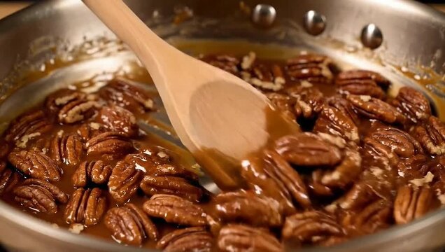 Whole pecans being stirred in a sweet caramel glaze in a stainless steel pan with a wooden spoon