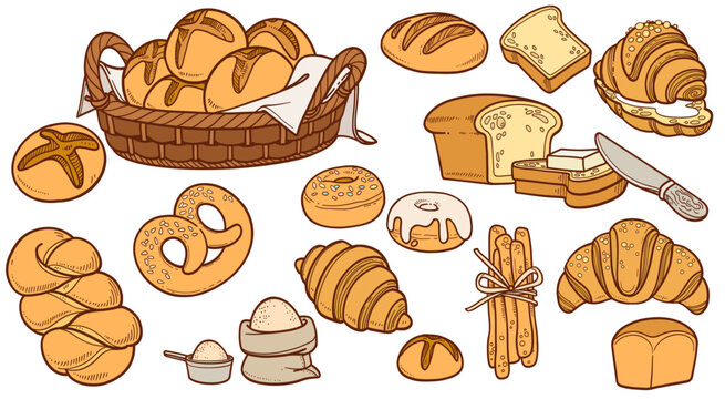 Bread in a basket, baguettes, croissants, donuts srt color variation on white background