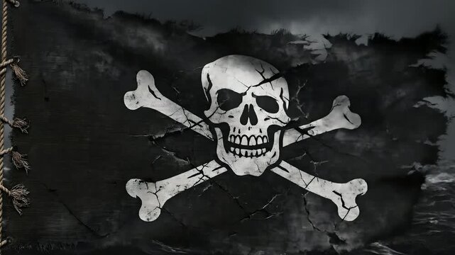Tattered pirate Jolly Roger flag waving amidst dramatic lightning strikes and stormy clouds. Cinematic monochrome skull and crossbones for adventure, gaming