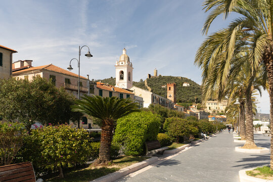 Noli Liguria, province of Savona, Italy-March 28,2026: Panoramic view of the seafront Noli , Monte Ursino Castle . Riviera dei Fiori. Maritime Republic