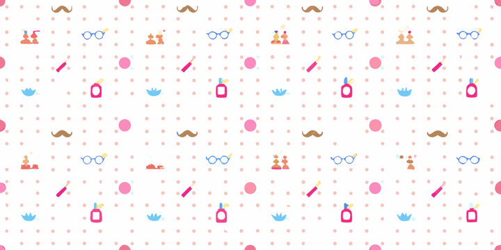 Whimsical pattern of colorful party elements on a polka dot background