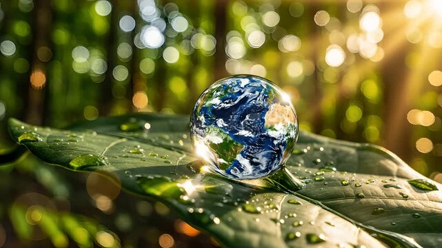 Miniature Earth globe rotating on a lush green leaf with dew drops, sunlight flares through forest trees, environmental conservation and sustainability concept for eco branding.
