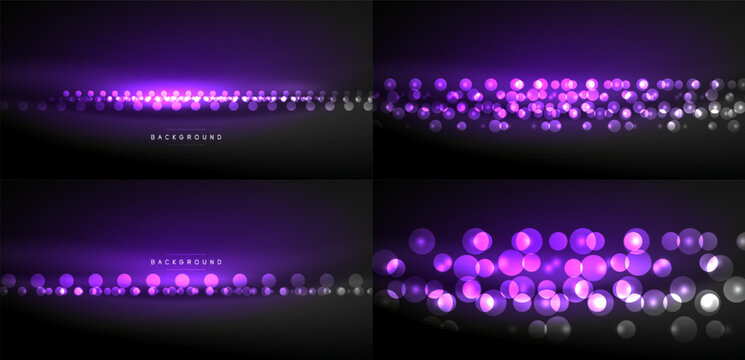 Dark purple backgrounds display glowing circles, creating abstract light effects. Variations show differing density, brightness levels.