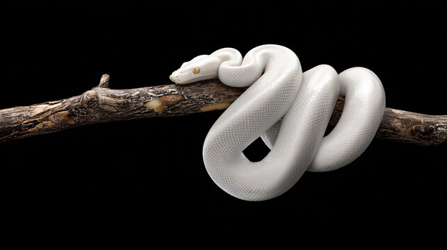 White snake on branch. Glossy scales coiled against dark background. Distinctive morph composition for exotic reptile design  