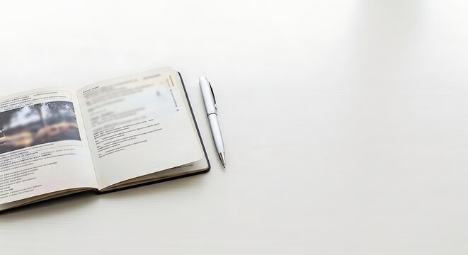 Open personal journal and elegant silver writing instrument neatly positioned on a minimalist white desk, perfect for creative endeavors, daily planning, or reflective thought