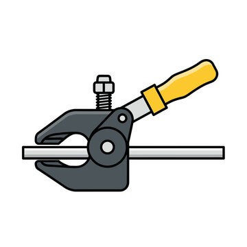 Metal clamp holding a bar with yellow handle, industrial tool illustration
