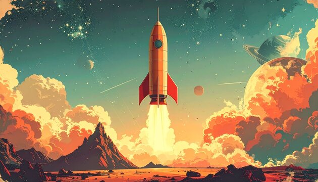 Vibrant Rocket Launch into a Starry Sky with Planetary Backdrop.