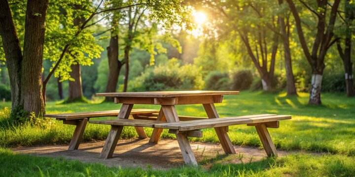 Rustic wooden picnic table and benches situated in a tranquil park setting bathed in the warm glow of the late afternoon sun, inviting relaxation and outdoor enjoyment