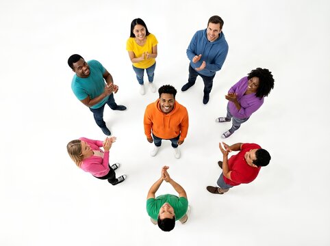 A group of diverse people standing in a circle, clapping and smiling, symbolizing togetherness.