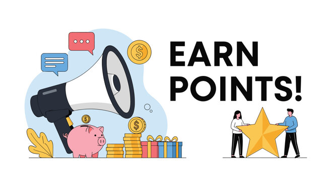 Marketing promotion concept featuring a large megaphone, piggy bank, coins, and people holding a golden star to earn loyalty points.