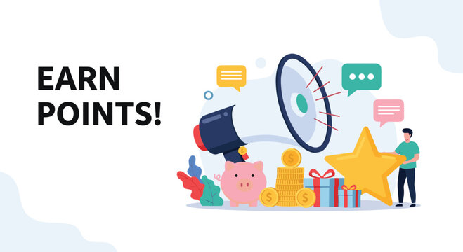 Digital marketing concept showing a person earning points and rewards with a giant megaphone, piggy bank, and gold star symbols.