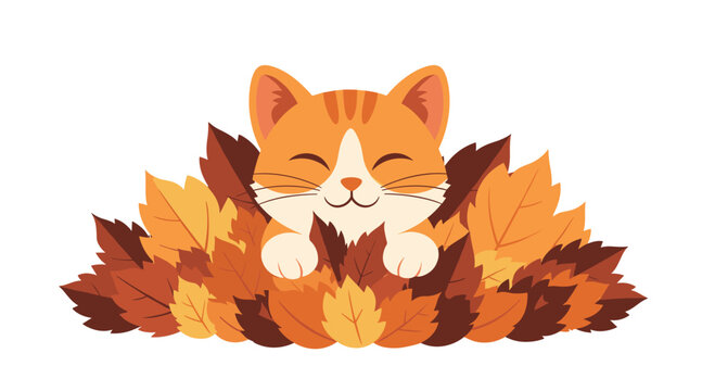 Contented orange tabby cat peeking out from a pile of warm autumn leaves with its eyes closed in a peaceful seasonal scene.