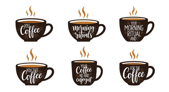Collection of stylized brown coffee cups featuring various morning rituals and coffee themed hand drawn lettering quotes for cafe decor.