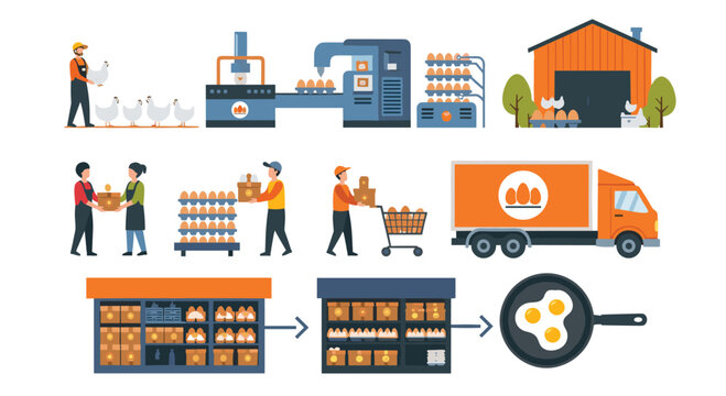 Industrial process of chicken egg production from the farm and factory to the grocery store and final cooking in a pan.