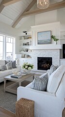 Naklejka premium Serene coastal living room with white brick fireplace, built-in shelves, neutral decor, and soft gray accents creating a tranquil and inviting coastal-inspired interior design space
