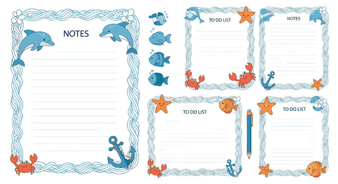 Nautical themed stationery set with dolphins crabs fish and anchors for notes and to-do lists in a cute hand drawn illustration.