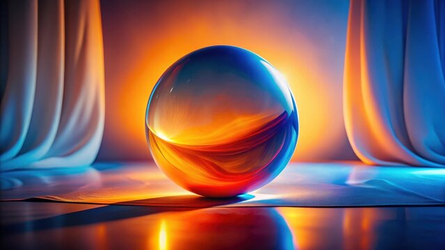 A vibrant sphere rests on a reflective surface, illuminated by warm and cool light emanating from flowing drapes