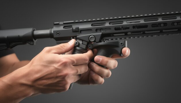 Medium shot of hands attaching a tactical foregrip to a modular rail system using MLOKstyle mounts highlighting precise alignment and secure locking mechanisms.