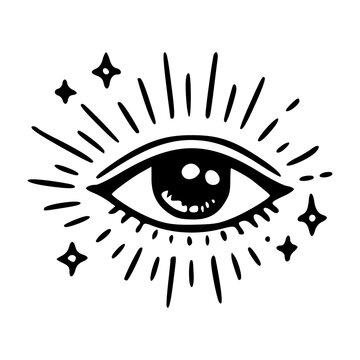 mystical all seeing eye with sunburst and stars line art