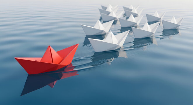 A simple blue origami paper boat floating on water as a symbol of travel and ideas
