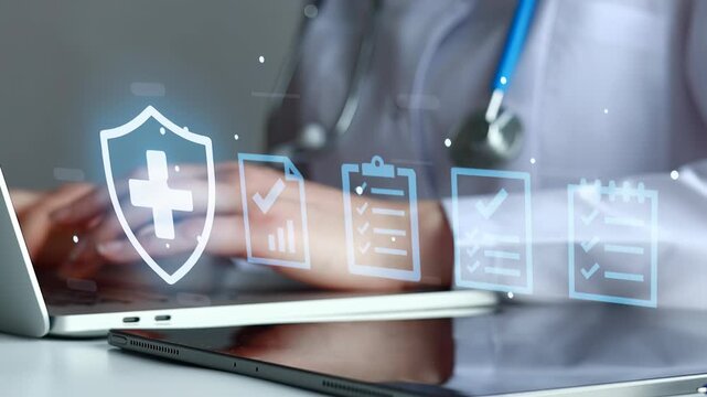Medical professional using technology to manage health data and patient records at a healthcare facility.