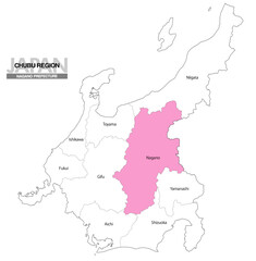 Obraz premium [日本地図] 中部地方の長野県の県名入り位置地図 (英語)