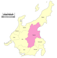 Fototapeta premium [日本地図] 中部地方の長野県の県名入り位置地図 (英語)