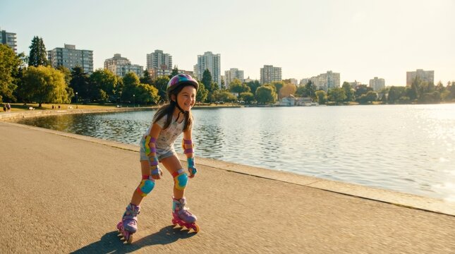 Roller Skating Girl Enjoying Lakeside View on a Sunny Day