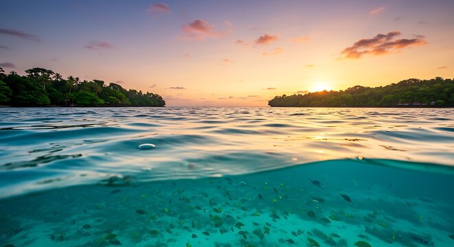 Ocean sunset landscape with islands and serene water reflections