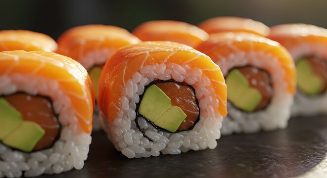 Close up of fresh sushi rolls with salmon and avocado filling