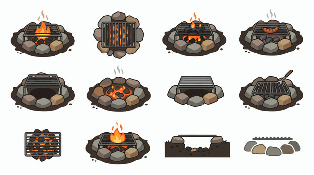 Set of vector icons showing outdoor stone fire pits with metal grates, burning charcoal flames and grilling sausages on white background, concept for camping, barbecue and outdoor recreation