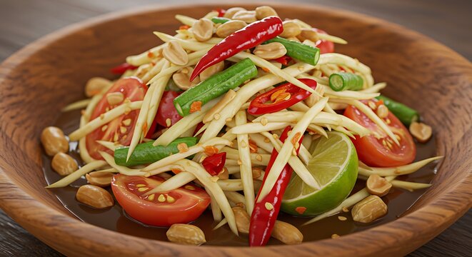 Fresh papaya salad with vegetables and peanuts in a wooden bowl