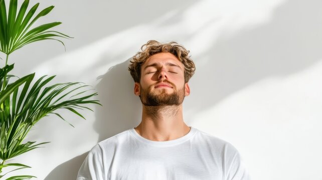 Man eyes closed before plant image depicts man standing with eyes shut facing a green plant focus on stillness and nature