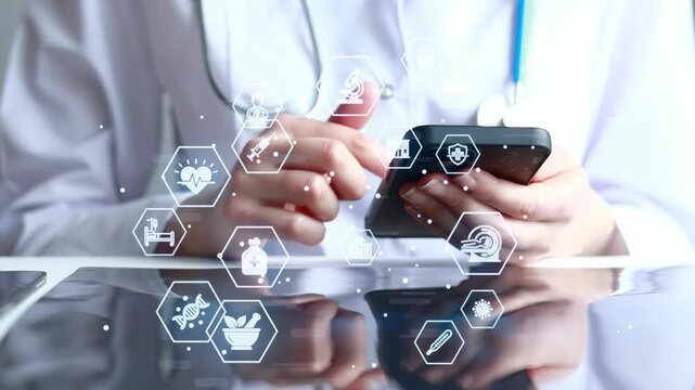 Healthcare professional uses smartphone to access digital health tools during work at a medical facility on a weekday.