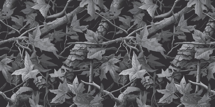 Gray hunting camouflage design. Real tree camo background. Digital camouflage. Dark pattern. Grey camo seamless pattern. 