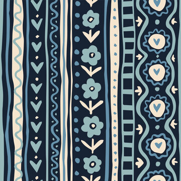 Seamless geometric floral stripe pattern. Hand drawn abstract elements in blue tones. Calm beige and navy color palette. Modern minimal design for textile and decor. Vector illustration.