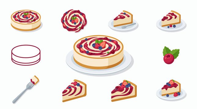 Collection of strawberry and blueberry cheesecake slices and whole cakes with berry jam topping on white background, concept for bakery menu, dessert advertisement and food recipe blog