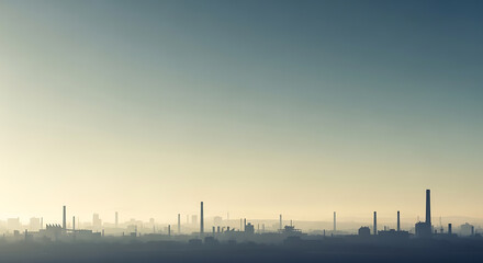 Fototapeta premium Industrial skyline shrouded in atmospheric haze under a pale blue sky, showcasing a vast array of smokestacks and factory structures.