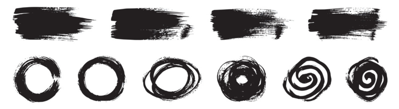 grunge brush stroke set with rough paint textures circles and spiral scribbles vector illustration isolated on transparent background