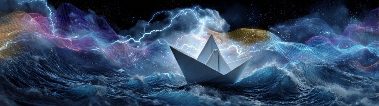 Waves of change: the indomitable spirit in dark waters. Network communication. A paper craft defies odds: cuban dreams amidst tension. Network signals. Information beams.