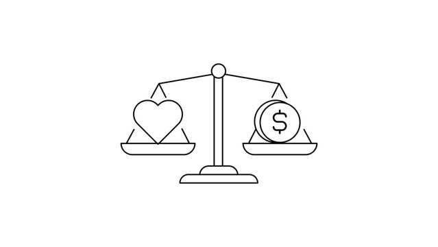 Minimalist black line vector icon illustration of a balance scale with a heart and dollar coin, symbolizing business ethics, work-life balance, social responsibility, and moral integrity.