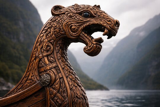 Viking dragon prow carving on wooden longship in fjord Scandinavian heritage concept