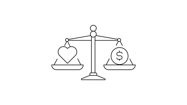 Business ethics vector icon illustration featuring a minimalist black line drawing of a balanced scale with a heart and a dollar sign, representing the balance between profit and social values.