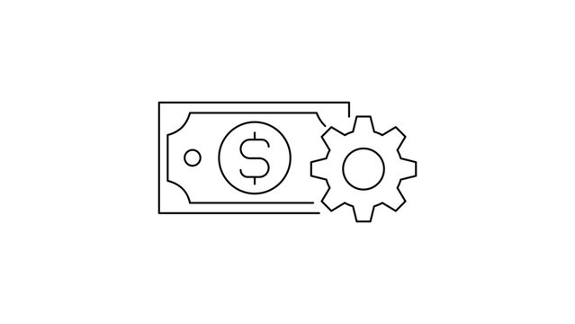 Payroll Processing and Financial Management Vector Icon Illustration. Minimalist black line art design featuring a dollar bill banknote and gear cog representing money automation and business.