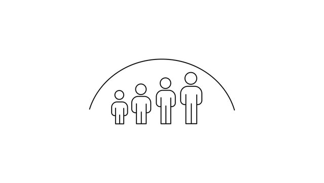 Minimalist black line vector icon of four human figures of varying heights under a protective arc, representing diversity hiring, inclusion, growth, and community on a white background.