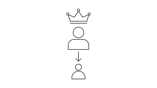 Succession planning vector icon illustration featuring a minimalist black line outline of a crown above a leader with a downward arrow pointing to a successor on a clean white background.