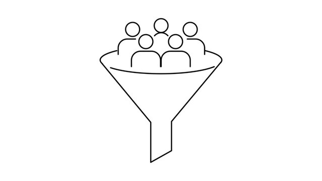 Minimalist Talent Pool and Recruitment Funnel Black Line Vector Icon on White Background. This illustration represents lead generation, customer acquisition, and human resources hiring process.