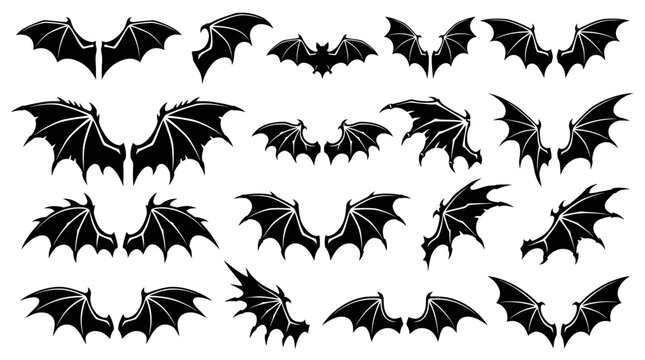 Large collection of black bat and dragon wing silhouettes isolated on white background, concept for halloween graphic design, tattoo art inspiration and mystical character illustration