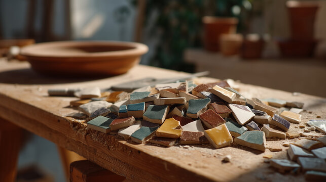 Scattered broken mosaic tile samples on wooden workshop floor, color palette ranging from sage to terracotta, design blueprint showing bathroom accent wall pattern, grout sealer and tile cutter visi