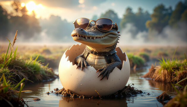 Cool alligator hatchling in shades at dawn a whimsical swamp adventure beginning from its broken eggshell in a misty natural habitat, embodying a fresh start with playful confidence